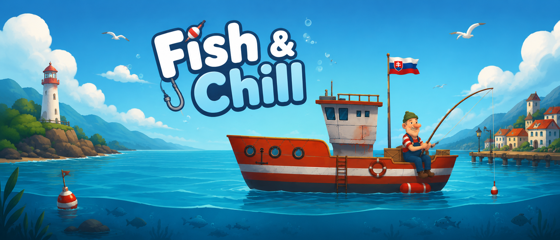 Fish & Chill key art: a fisherman on a small boat near a coastal village